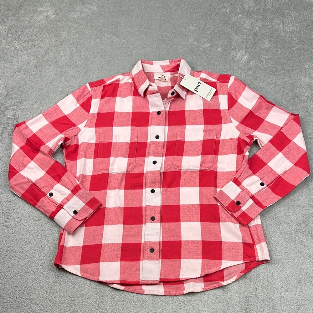 NEW‎ PACT M 100% Organic Cotton Red Plaid Gingham Mila Flannel Button-Up Shirt